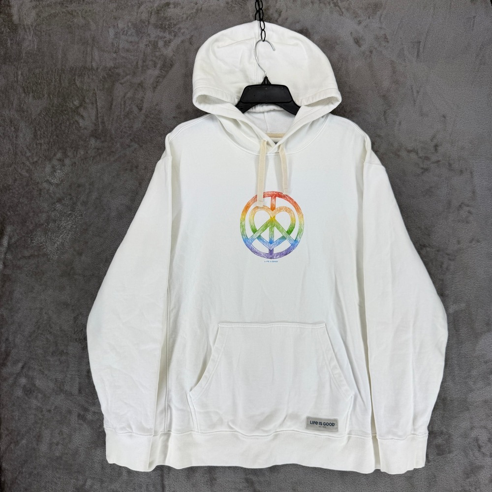 Life Is Good Mens XL White Rainbow Peace Heart Hoodie Pullover S22-M10171